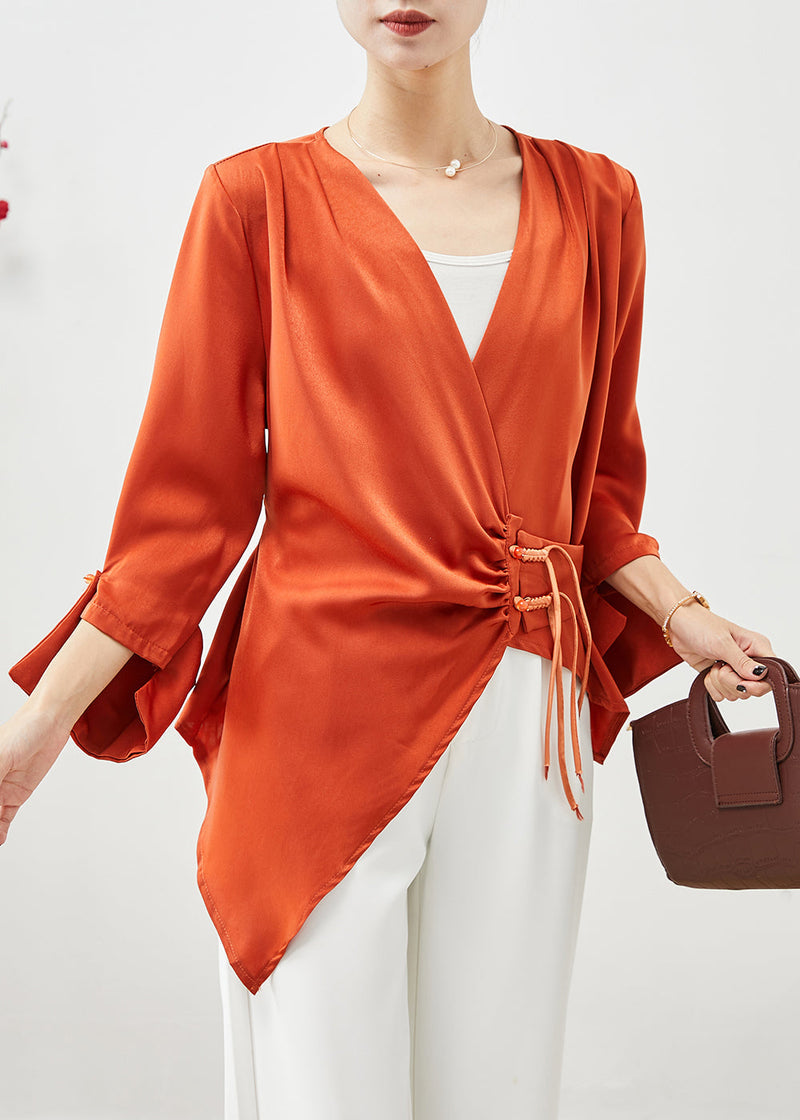 Orange Asymmetrical Cinched Tasseled Silk Top Fall