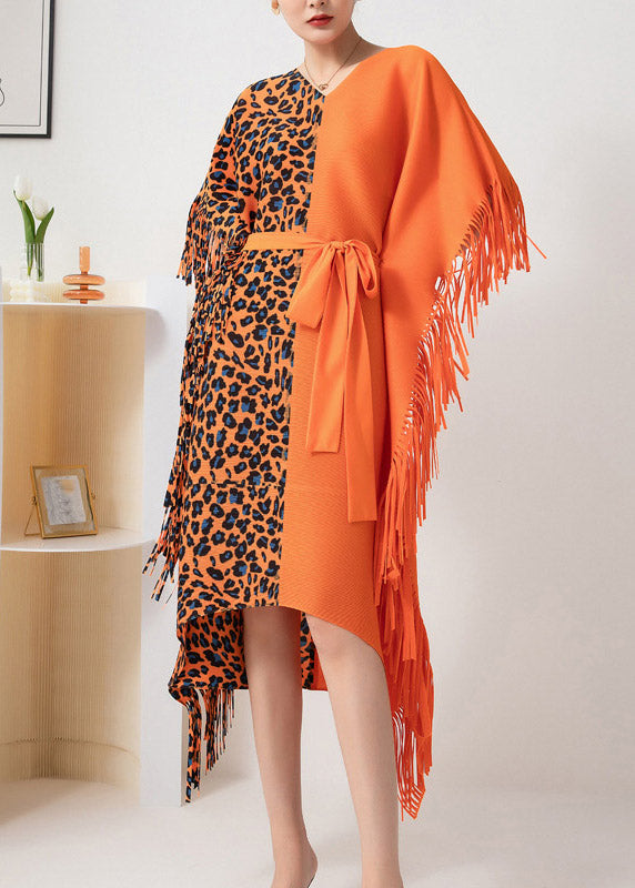 Orange Asymmetrical Design Patchwork Tie Waist Tassel Long Dress Fall