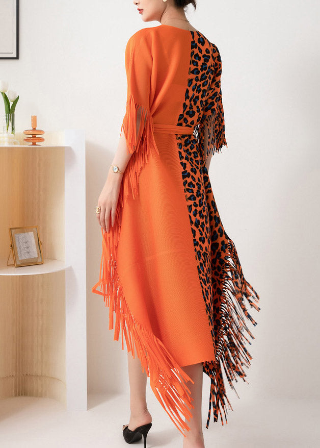 Orange Asymmetrical Design Patchwork Tie Waist Tassel Long Dress Fall