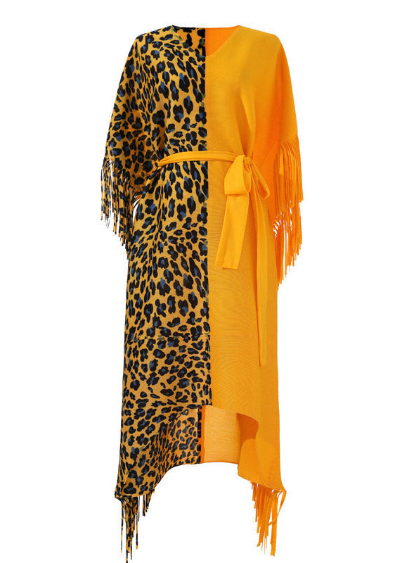 Orange Asymmetrical Design Patchwork Tie Waist Tassel Long Dress Fall