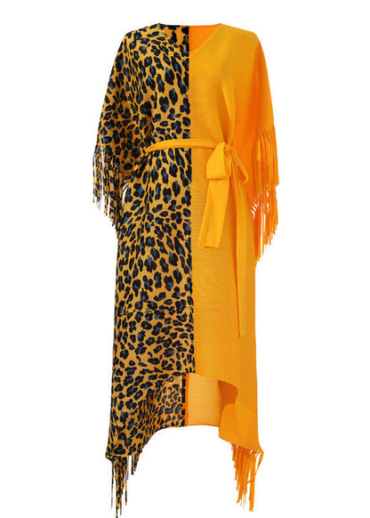 Orange Asymmetrical Design Patchwork Tie Waist Tassel Long Dress Fall