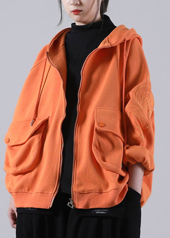 Orange Hooded Zippered Pockets Fall Coat Long Sleeve