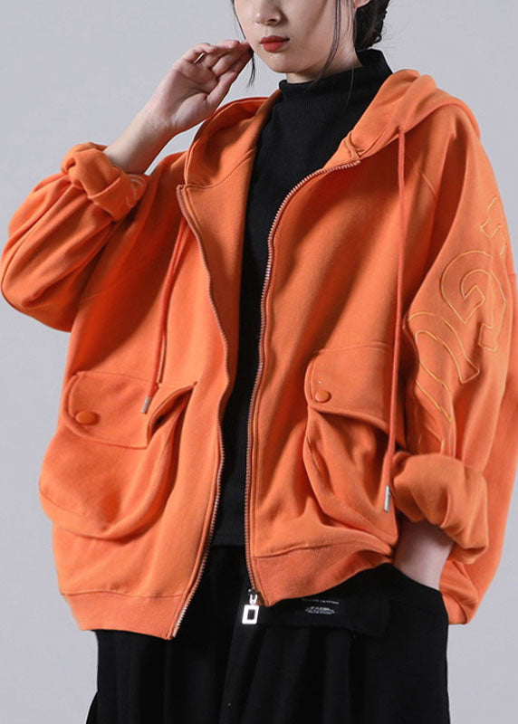 Orange Hooded Zippered Pockets Fall Coat Long Sleeve