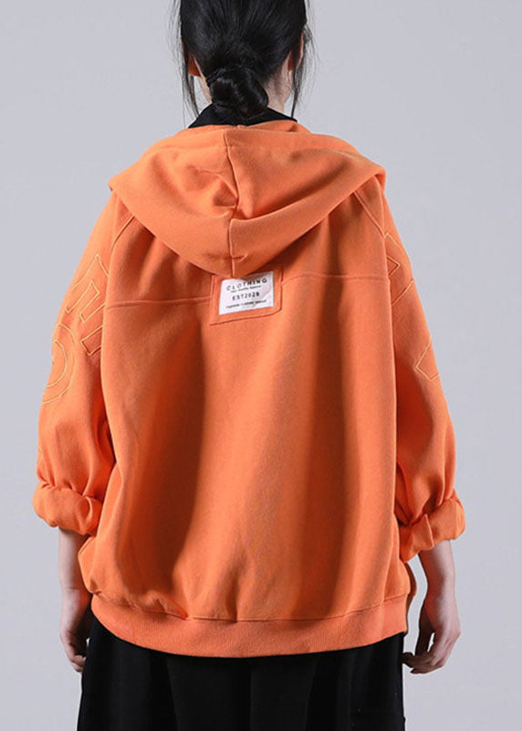 Orange Hooded Zippered Pockets Fall Coat Long Sleeve