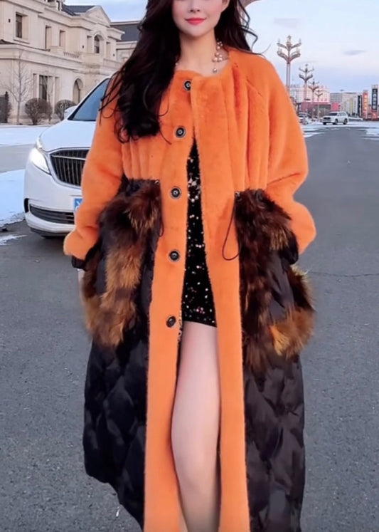 Orange O-neck Drawstring Patchwork Button Leather and Fur Maxi Parka Spring