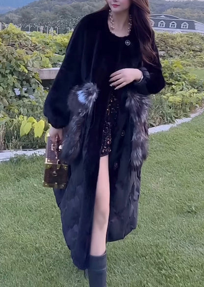 Orange O-neck Drawstring Patchwork Button Leather and Fur Maxi Parka Spring