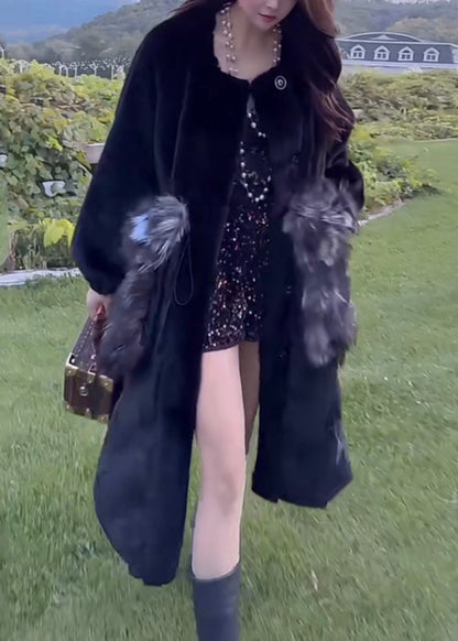 Orange O-neck Drawstring Patchwork Button Leather and Fur Maxi Parka Spring