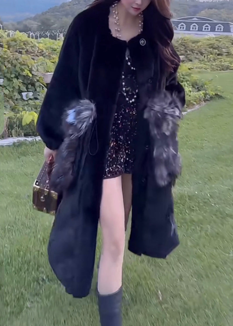 Orange O-neck Drawstring Patchwork Button Leather and Fur Maxi Parka Spring