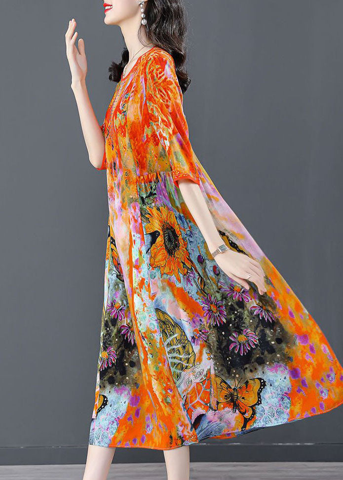 Orange O-neck Oversized Print Silk Dress Half Sleeve
