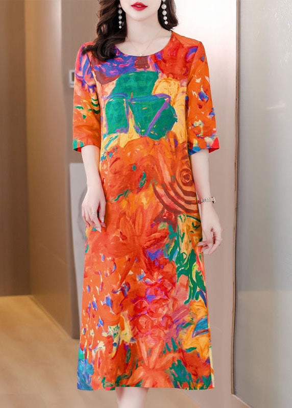 Orange O Neck Print Patchwork Silk Dress Summer