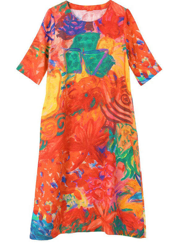 Orange O Neck Print Patchwork Silk Dress Summer