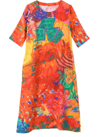 Orange O Neck Print Patchwork Silk Dress Summer