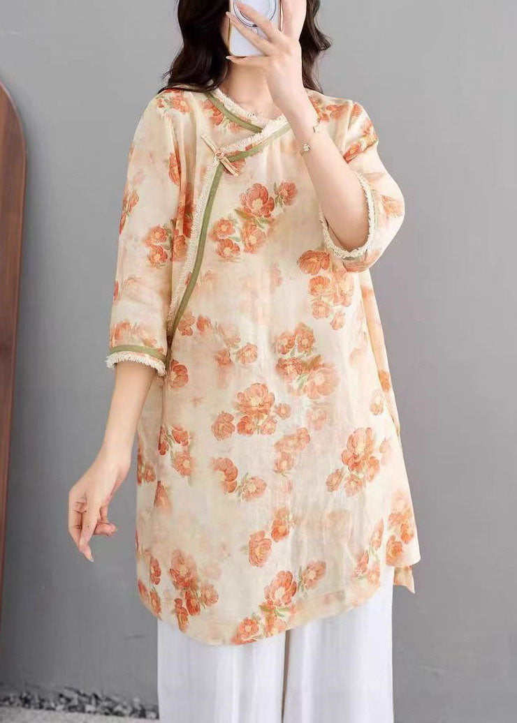 Orange O Neck Print Tassel Linen Top Summer