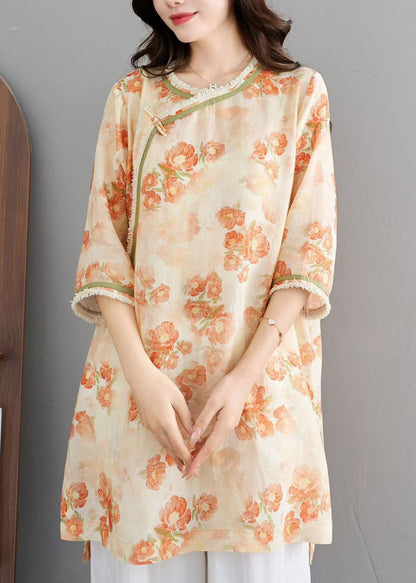 Orange O Neck Print Tassel Linen Top Summer
