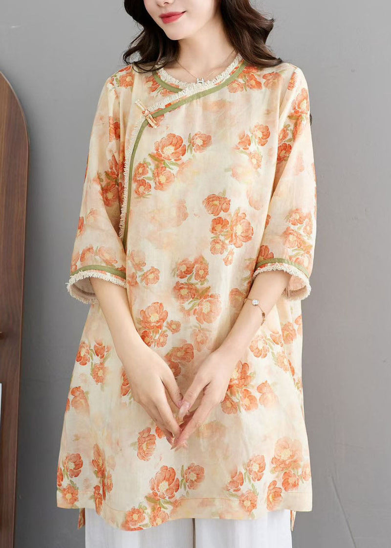 Orange O Neck Print Tassel Linen Top Summer