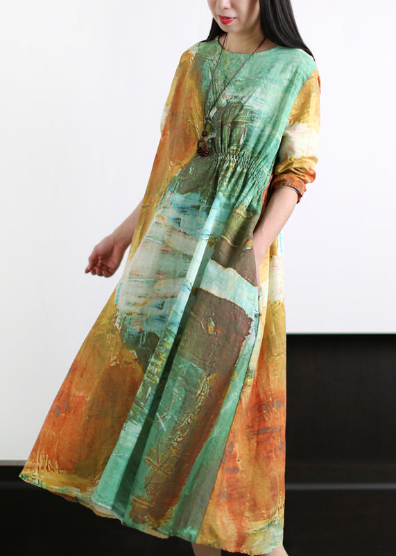 Orange O-neck Wrinkled Asymmetrical Linen Dress Long Sleeve