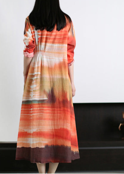 Orange O-neck Wrinkled Asymmetrical Linen Dress Long Sleeve
