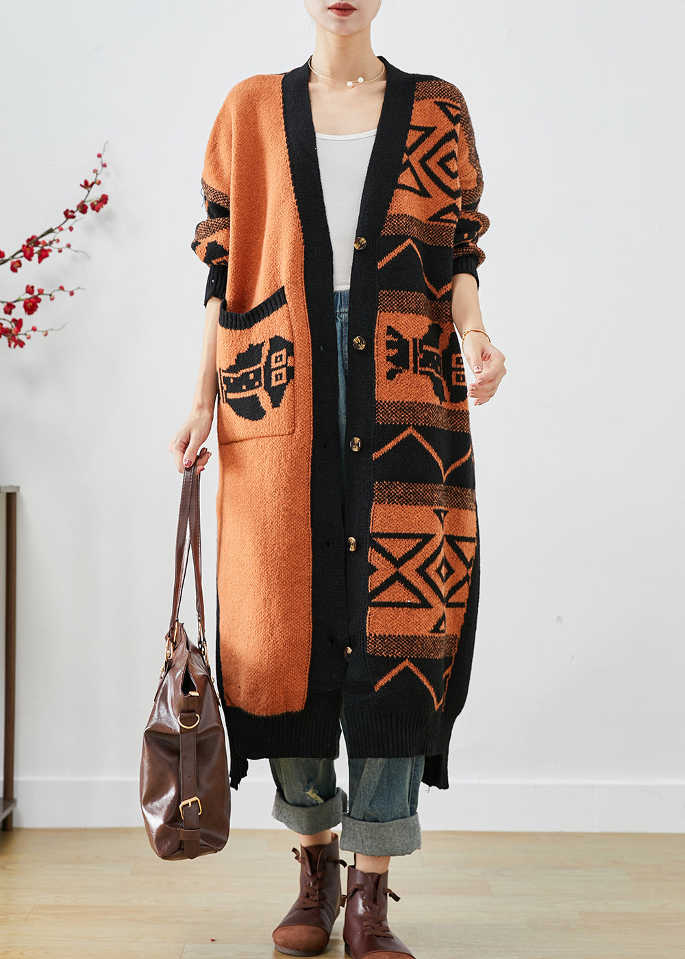 Orange Oversized Print Knit Cardigans Fall