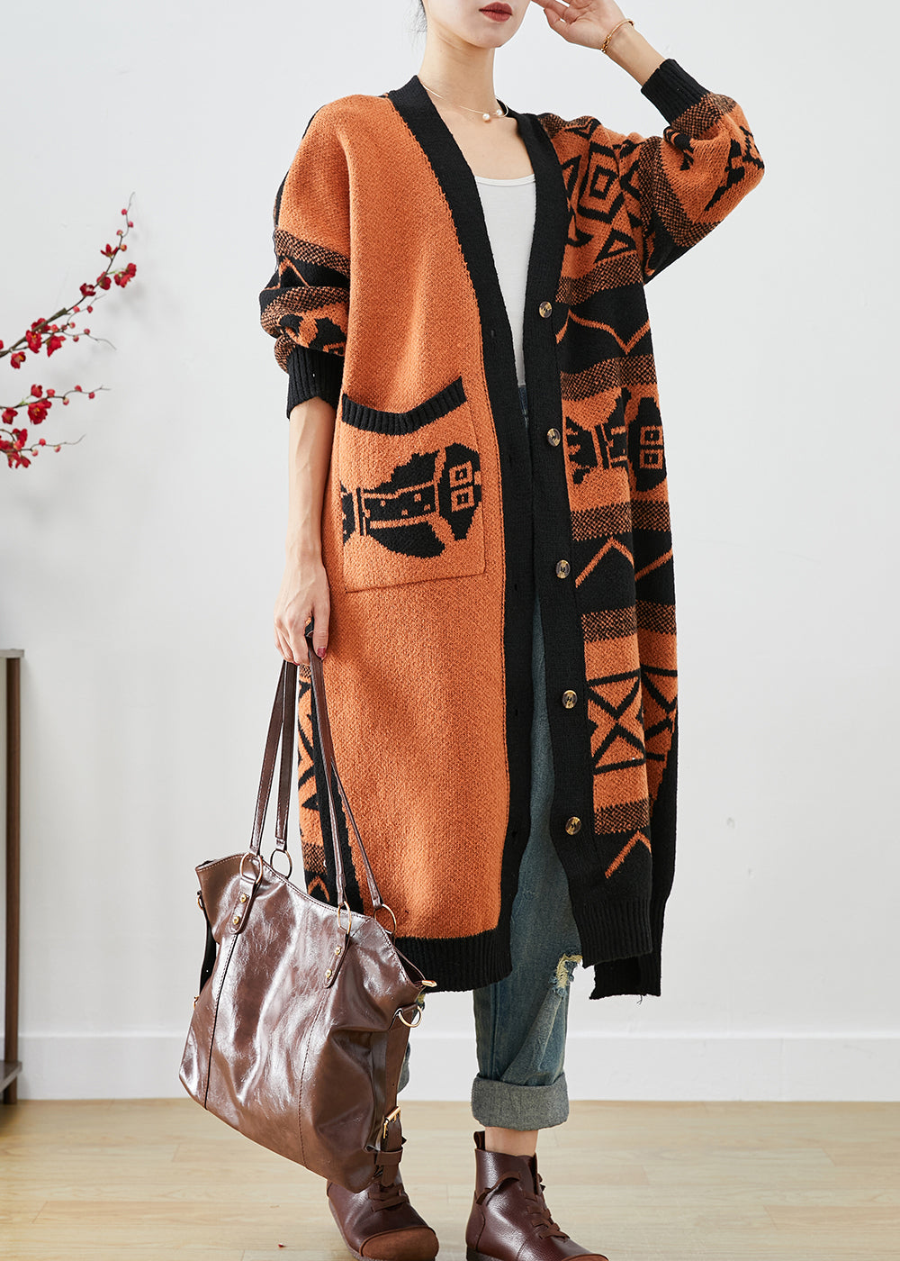 Orange Oversized Print Knit Cardigans Fall