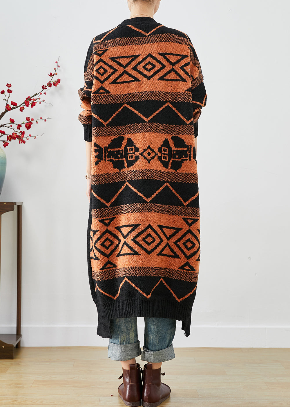 Orange Oversized Print Knit Cardigans Fall