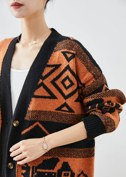 Orange Oversized Print Knit Cardigans Fall