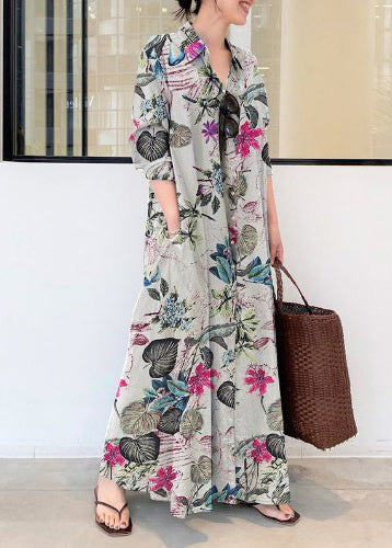 Orange Oversized Print Linen Holiday Dress Fall