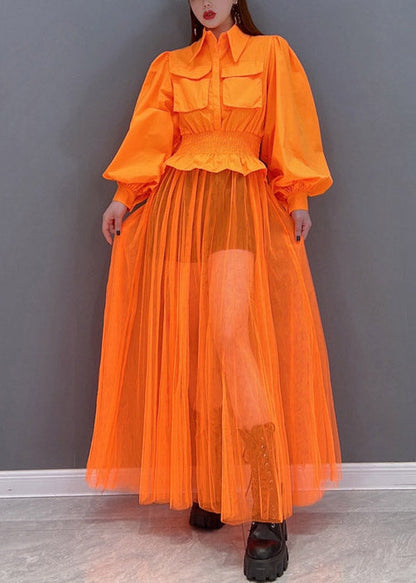 Orange Peter Pan Collar Elastic Waist Pocket Tulle Patchwork Shirt Dress Lantern Sleeve