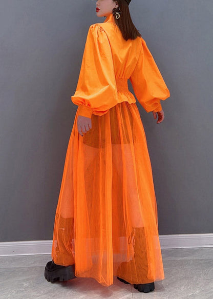 Orange Peter Pan Collar Elastic Waist Pocket Tulle Patchwork Shirt Dress Lantern Sleeve
