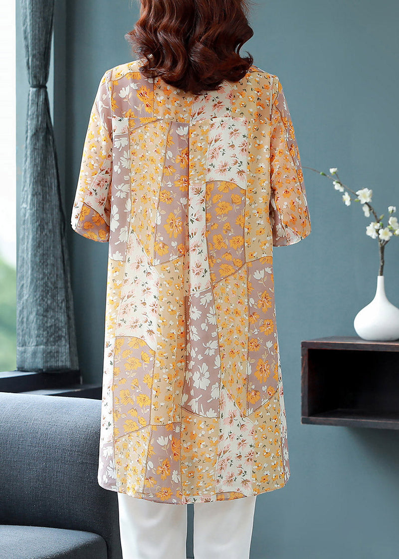 Orange Peter Pan Collar Print Button Chiffon Blouse Top Half Sleeve