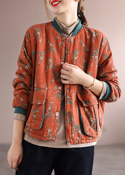 Orange Pockets Patchwork Fine Cotton Filled Winter Coats