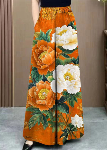 Orange Print Pockets Cotton Wide Leg Pants Elastic Waist