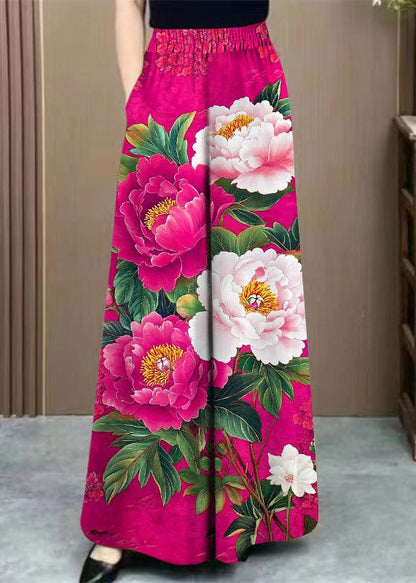 Orange Print Pockets Cotton Wide Leg Pants Elastic Waist