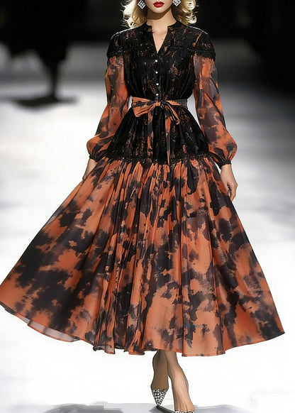 Orange Print Tie Waist Chiffon Long Dress Lantern Sleeve