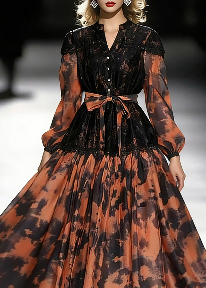 Orange Print Tie Waist Chiffon Long Dress Lantern Sleeve