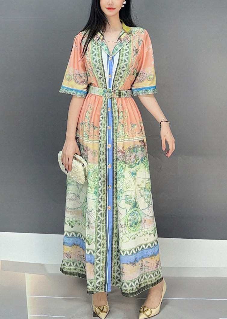 Orange Print Tie Waist Cotton Long Dresses Summer