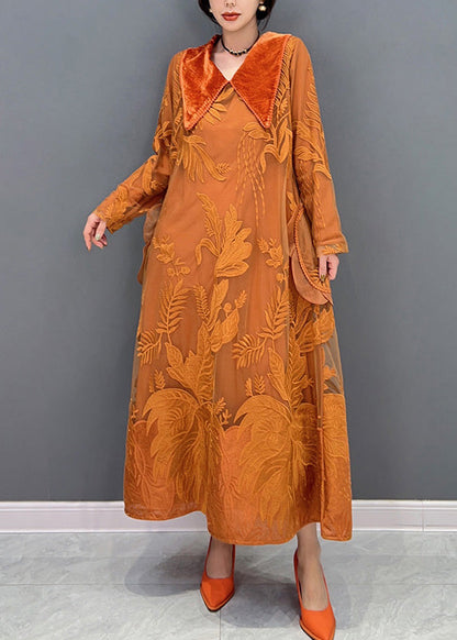 Orange Sailor Collar Embroideried Thick Tulle Dress Winter