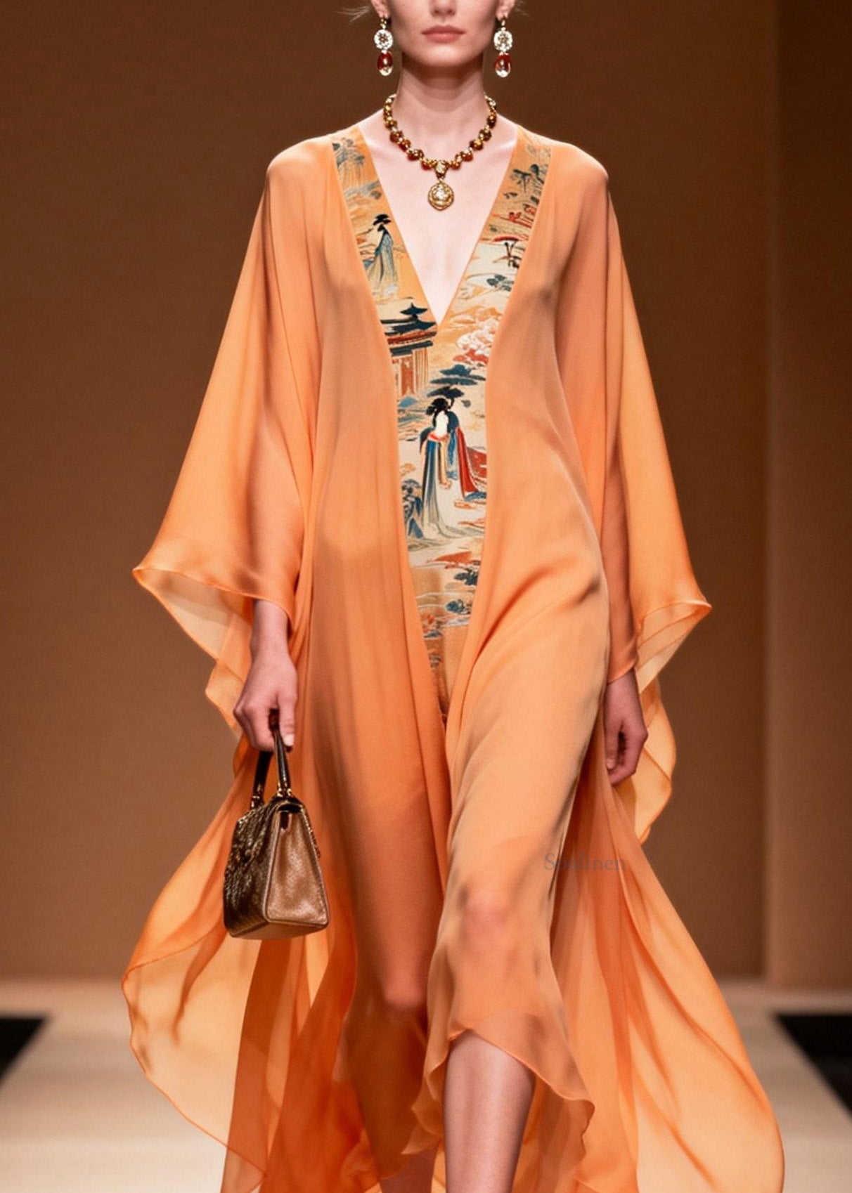 Orange V Neck Print Patchwork Chiffon Dress Spring