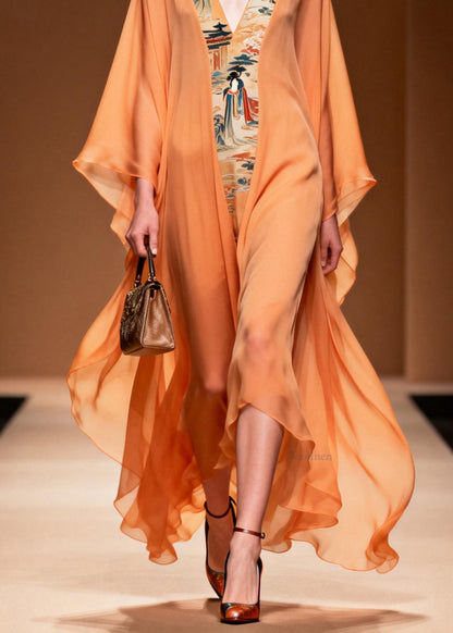 Orange V Neck Print Patchwork Chiffon Dress Spring