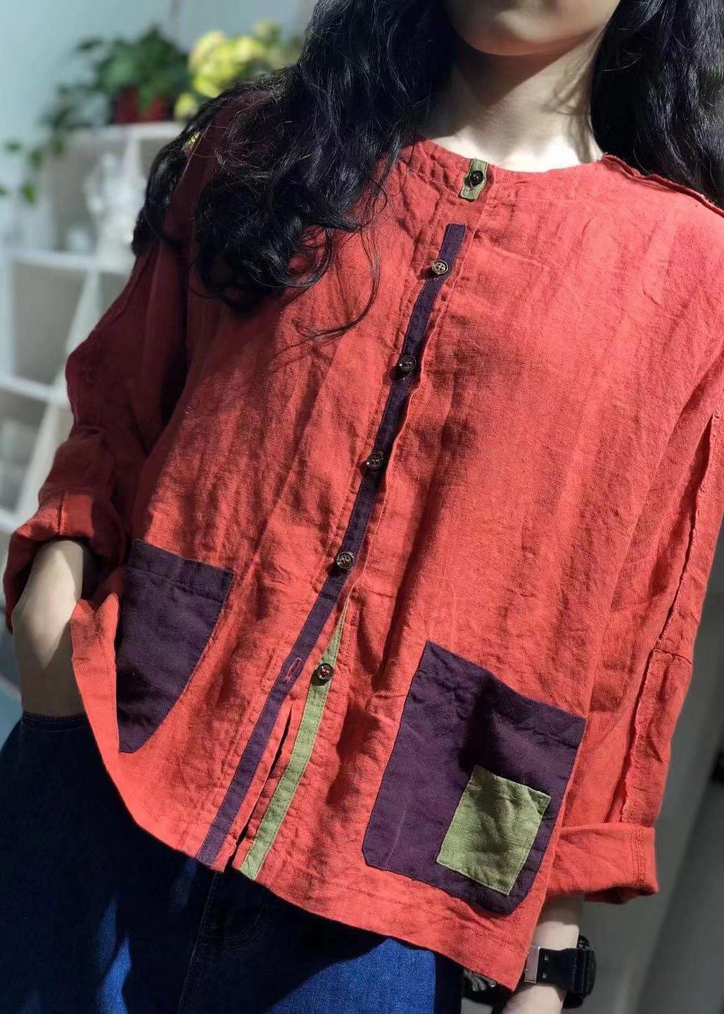 Patch Pockets Linen Shirts Tunic Tops Black Top Fall