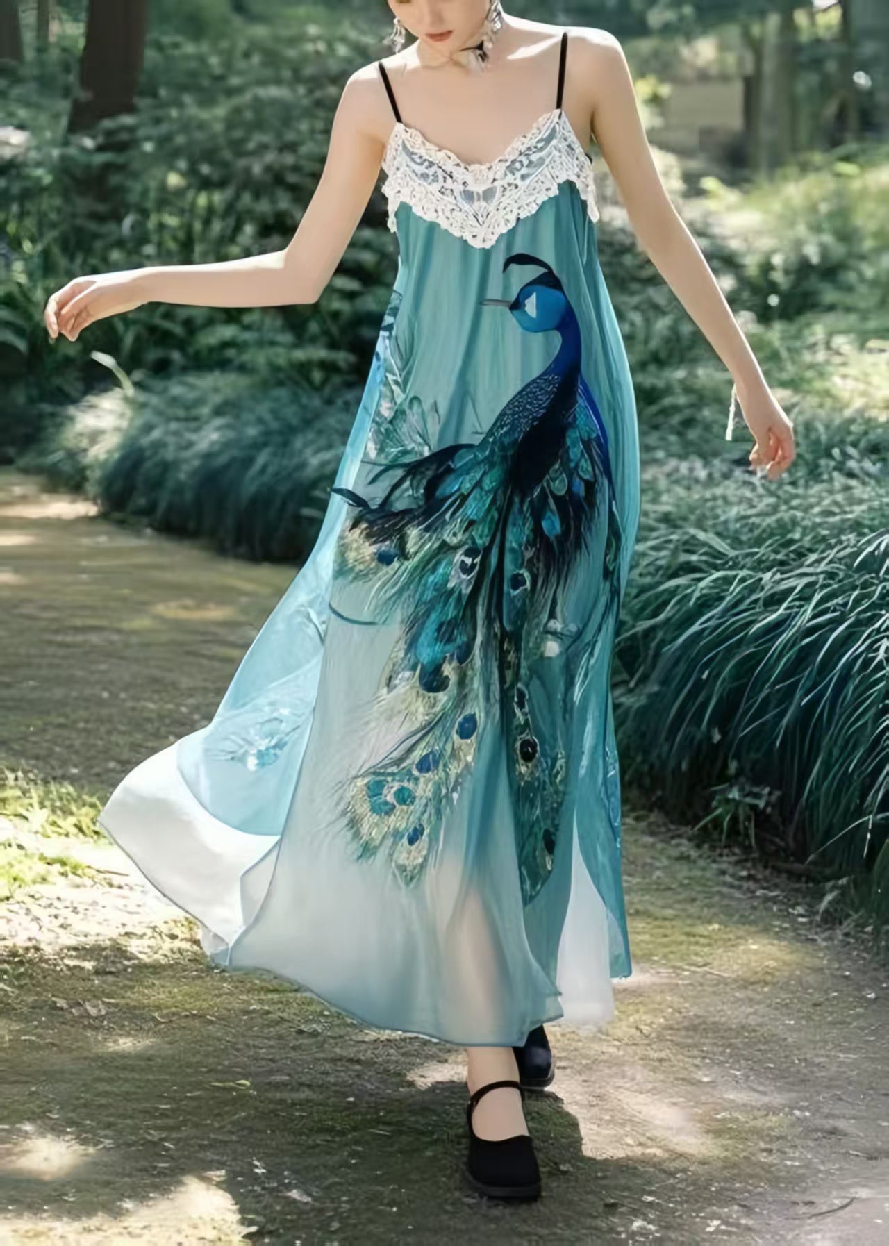 Peacock Blue Print Chiffon Beach Dress Summer