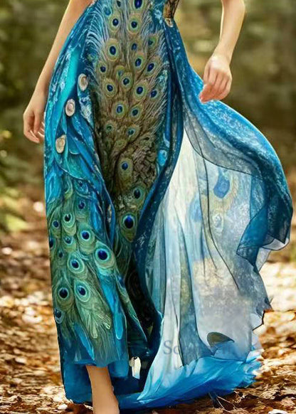 Peacock Blue Print Chiffon Halter Dresses Summer