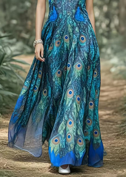 Peacock Blue Print Exra Large Hem Chiffon Holiday Dress Summer