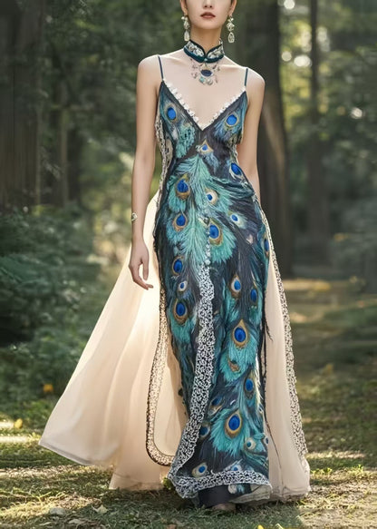 Peacock Feather Print Patchwork Exra Large Hem Chiffon Party Dress Summer