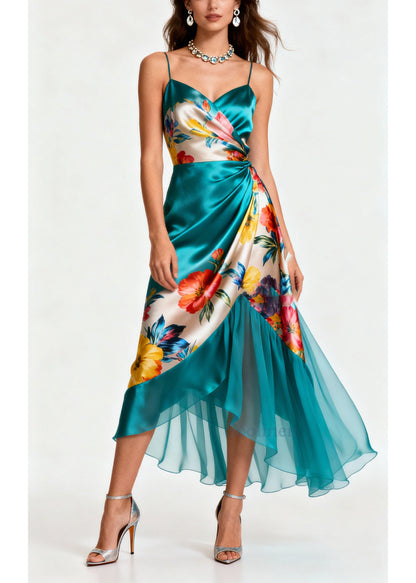 Peacock Green Asymmetrical Patchwork Tulle Silk Cami Dress Summer