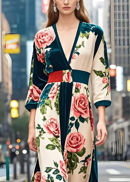 Peacock Green Cinched Print Silk Velvet Dress Spring