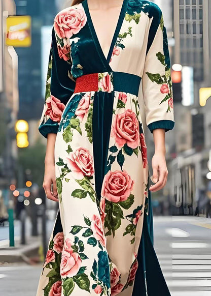 Peacock Green Cinched Print Silk Velvet Dress Spring