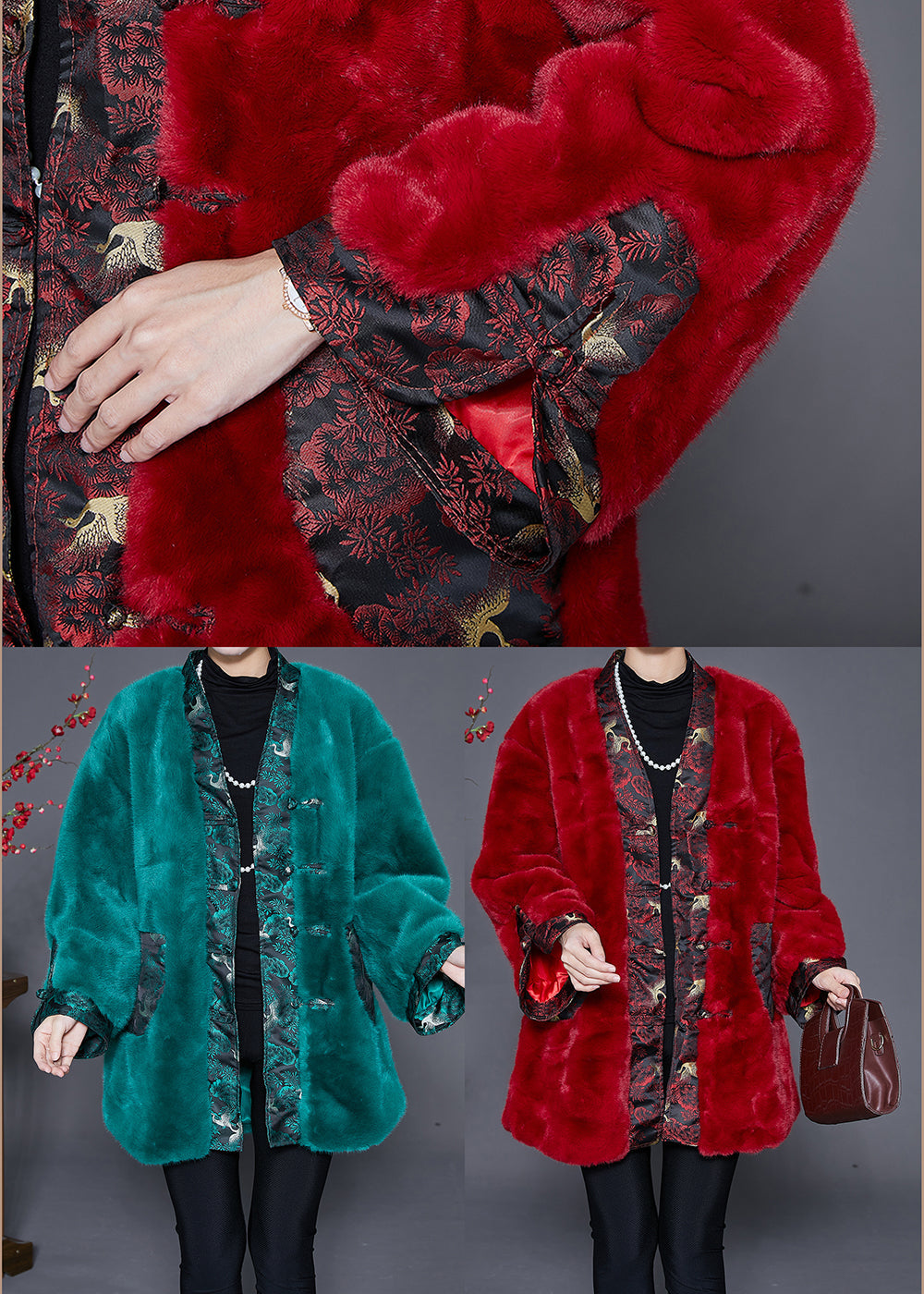Peacock Green Oversized Patchwork Faux Fur Coats Winter