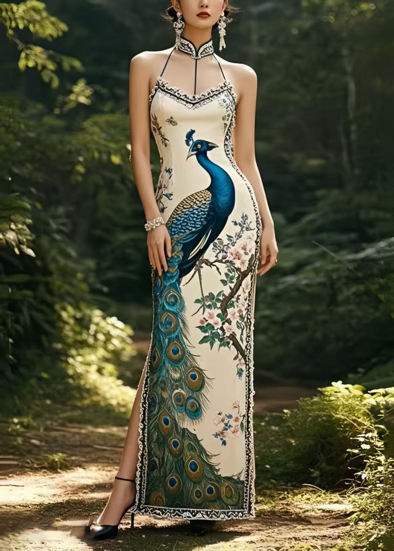 Peacock Print Side Open Silm Fit Silk Party Dress Summer