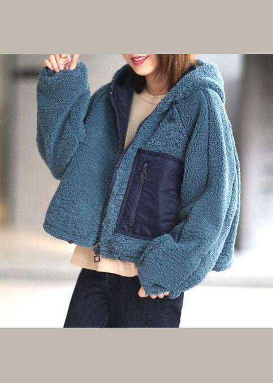 Peacock Blue Hooded Faux Fur Coat Winter