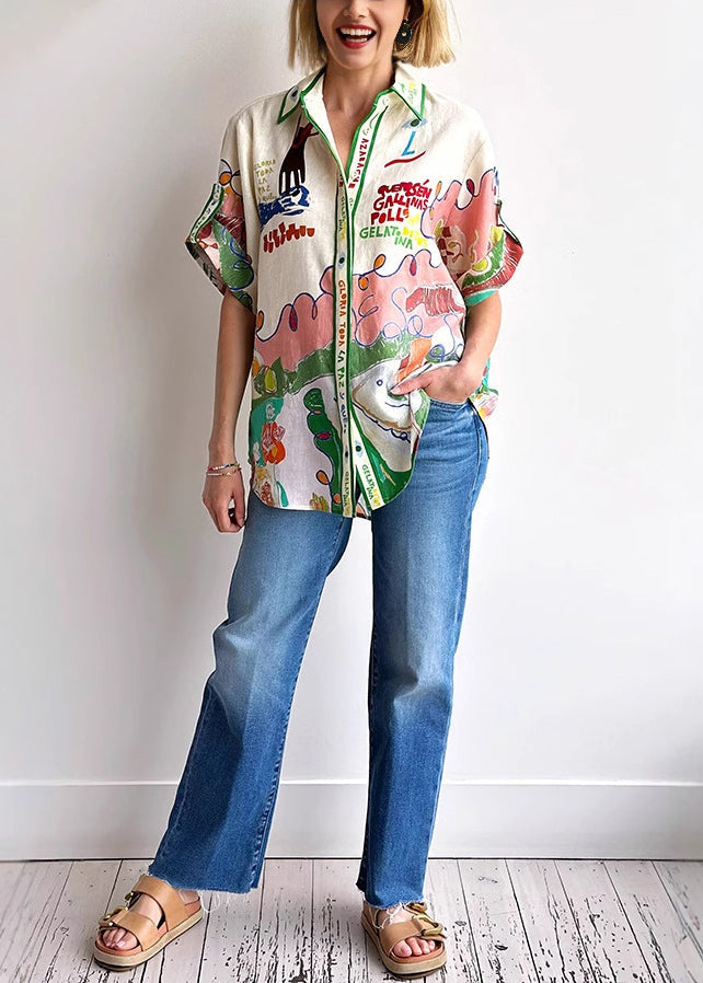 Peter Pan Collar Graphic Print Linen Shirts Top Summer